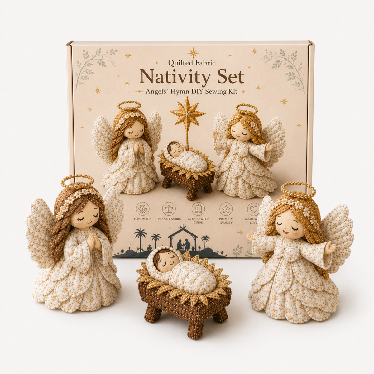 Patchwork fabric nativity sewing kit with Holy Family and Three Wise Men scenes