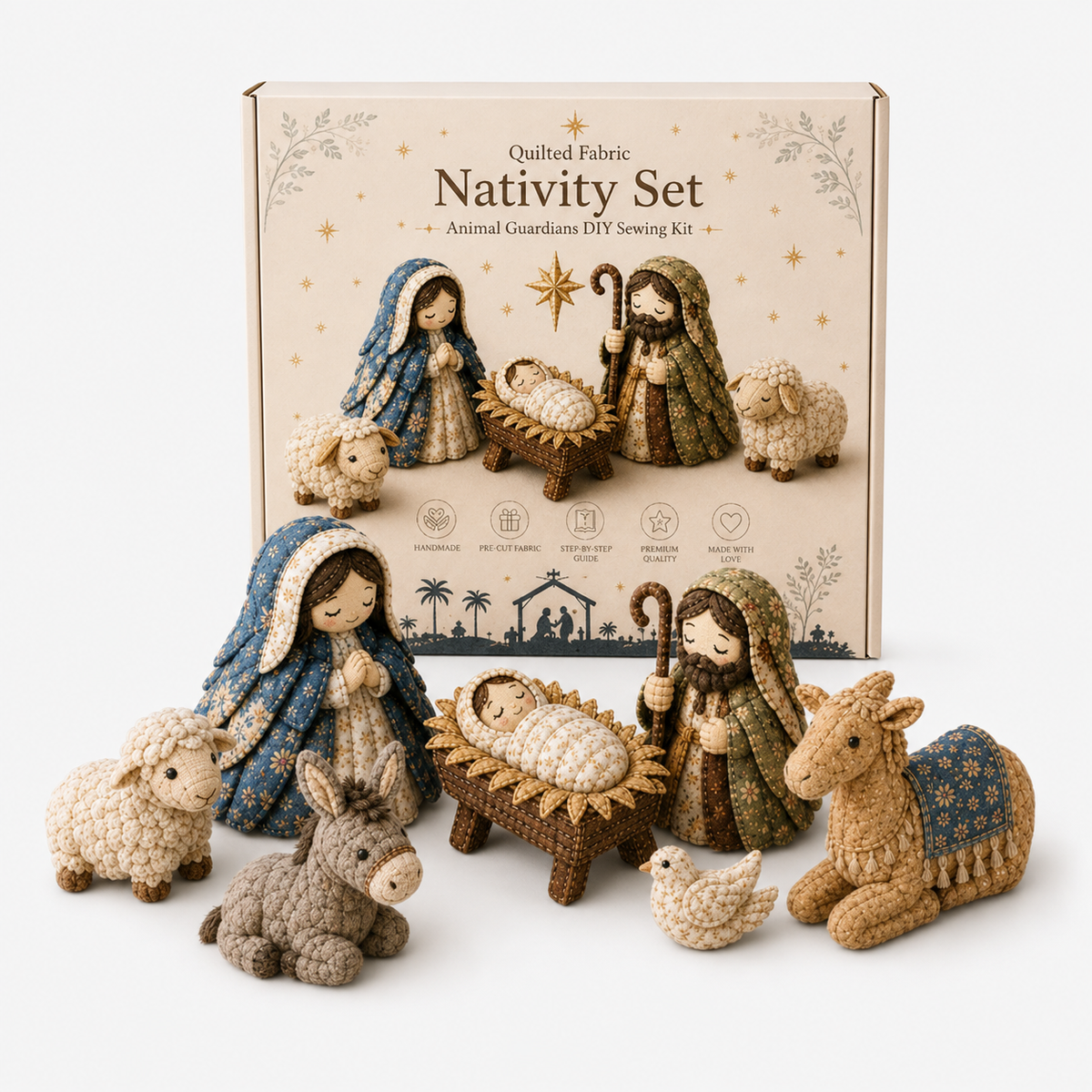 Patchwork fabric nativity sewing kit with Holy Family and Three Wise Men scenes