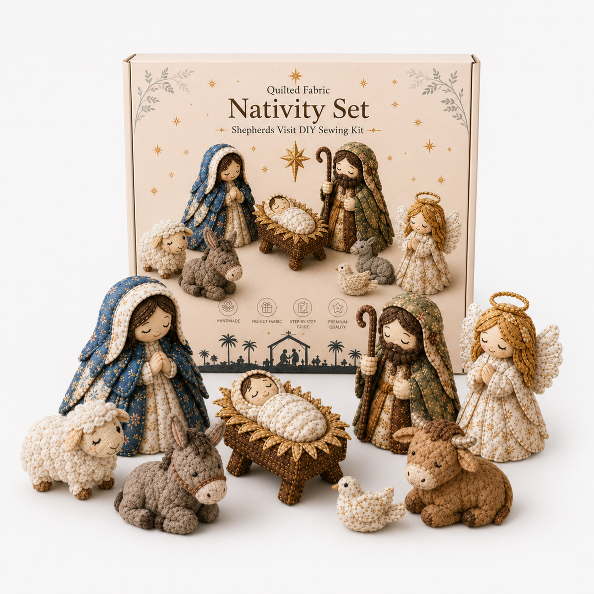 Patchwork fabric nativity sewing kit with Holy Family and Three Wise Men scenes