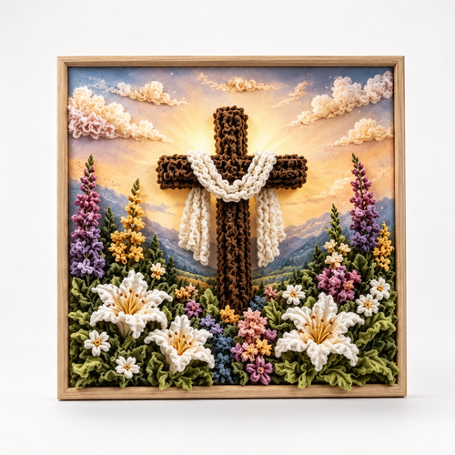 Framed 3D fabric religious wall art with textured figures flowers and foliage