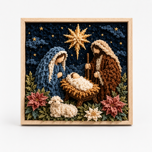 Framed 3D fabric religious wall art with textured figures flowers and foliage