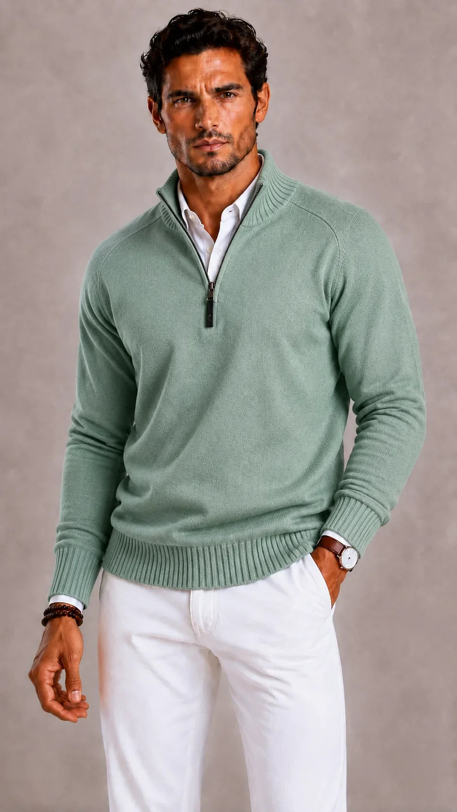 Quarter zip textured knit turtleneck jumper with ribbed trims