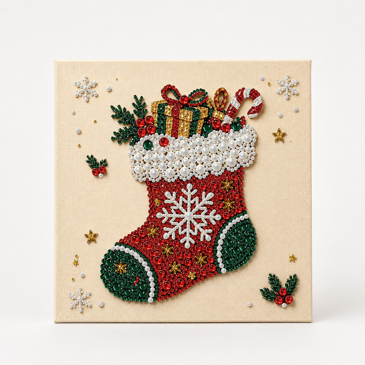 Beaded Christmas canvas wall art with Santa and reindeer designs