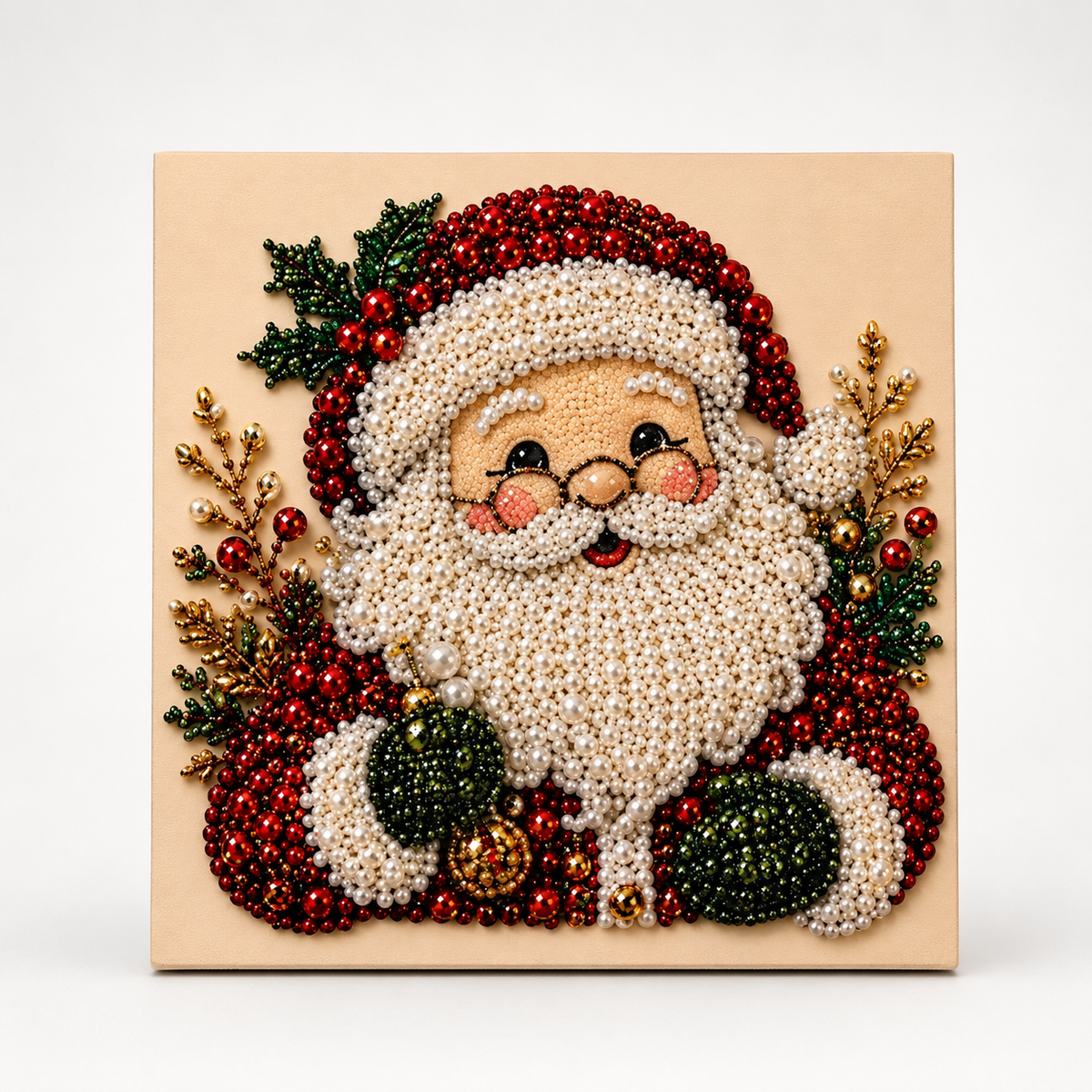 Beaded Christmas canvas wall art with Santa and reindeer designs