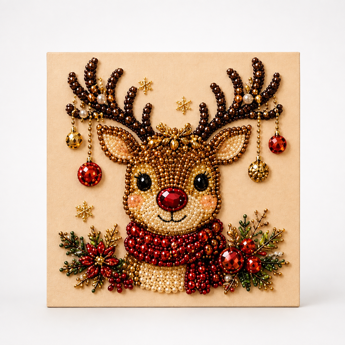 Beaded Christmas canvas wall art with Santa and reindeer designs