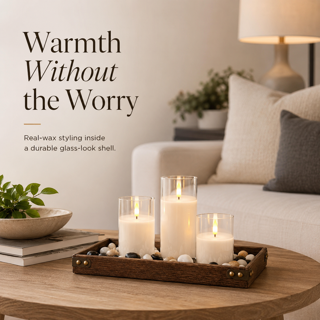 Three flameless cylindrical candle lights with flame-effect glow