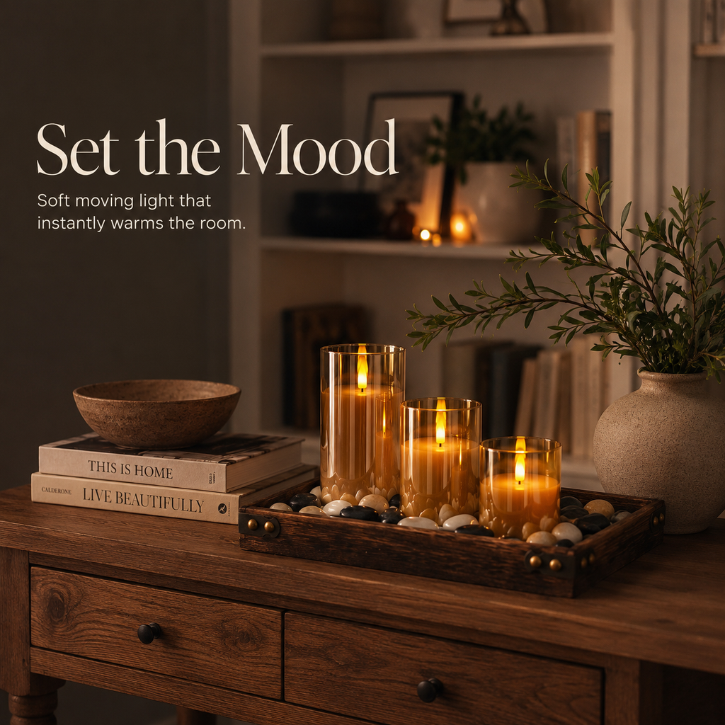 Three flameless cylindrical candle lights with flame-effect glow