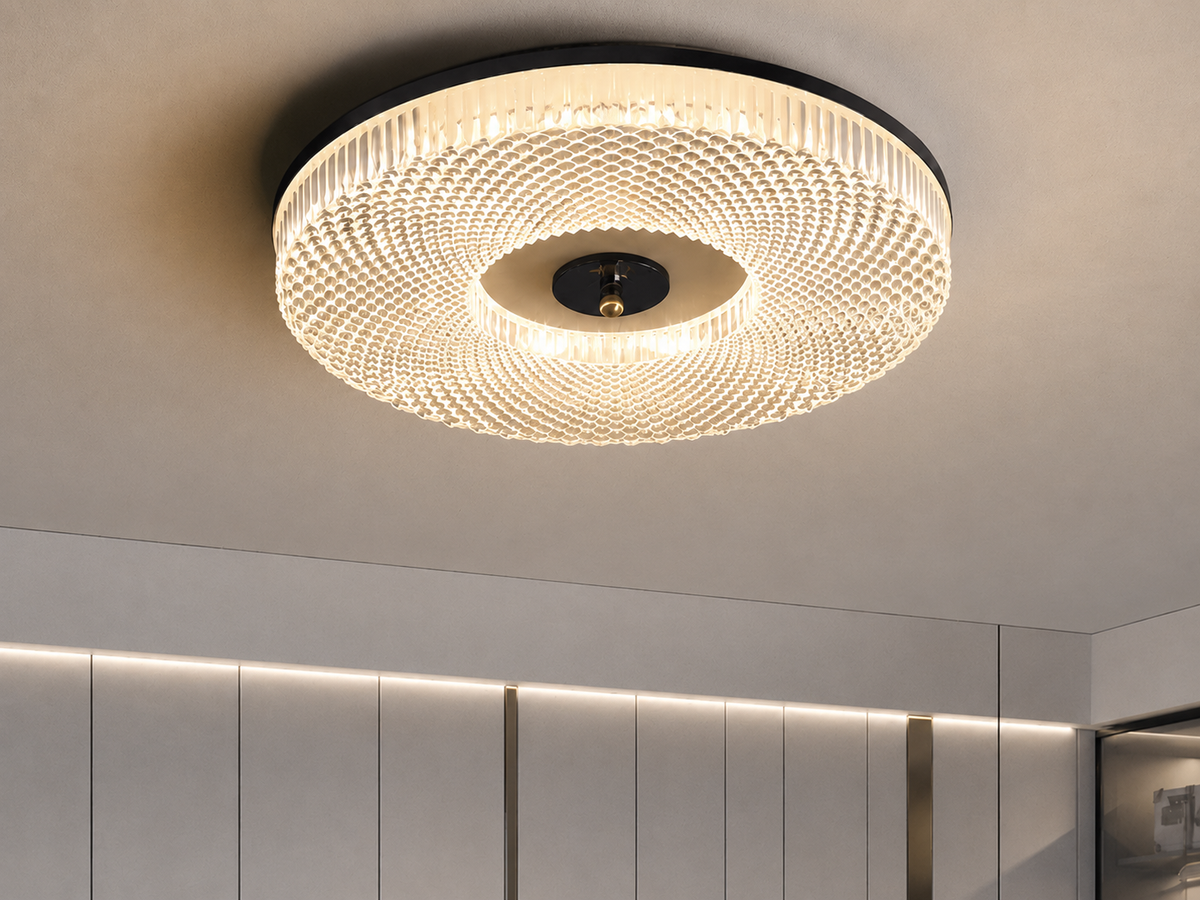 Circular decorative LED ceiling light with a patterned shade