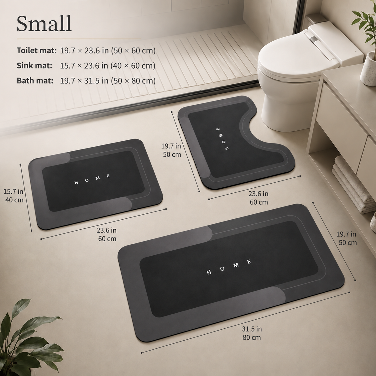 Three-piece black bathroom mat set with toilet, sink and bath mats