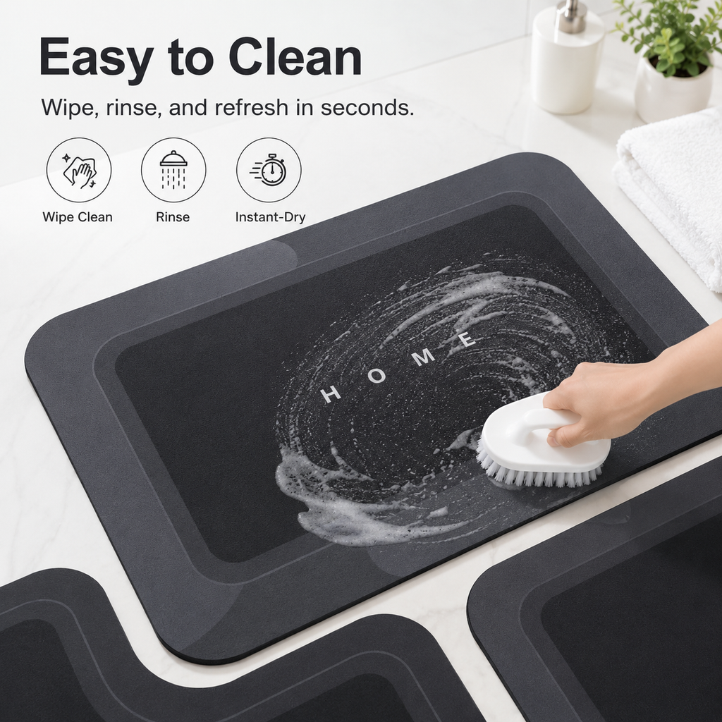 Three-piece black bathroom mat set with toilet, sink and bath mats