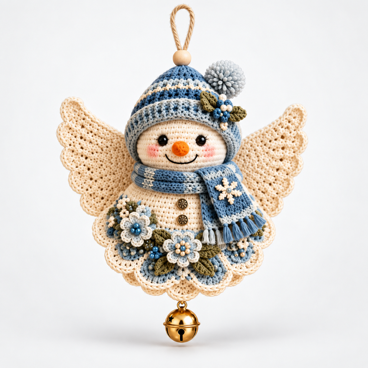 Crochet Christmas hanging ornament with wings, decorative flowers and a bell