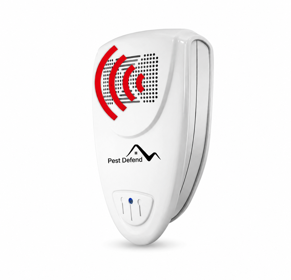 White plug-in ultrasonic bed bug repeller with speaker grille and blue indicator light