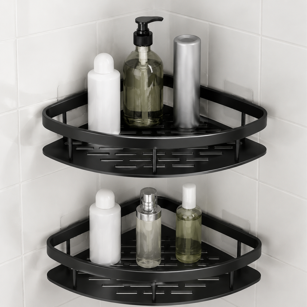 Two-tier corner shower caddy with slotted shelves and adhesive wall plates