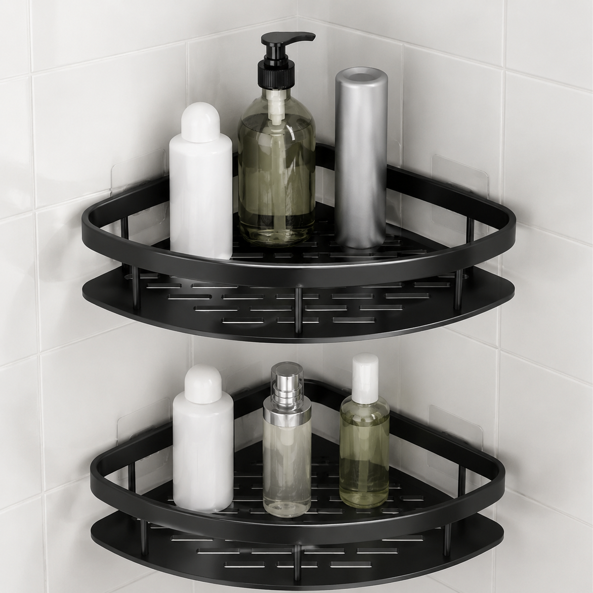 Two-tier corner shower caddy with slotted shelves and adhesive wall plates