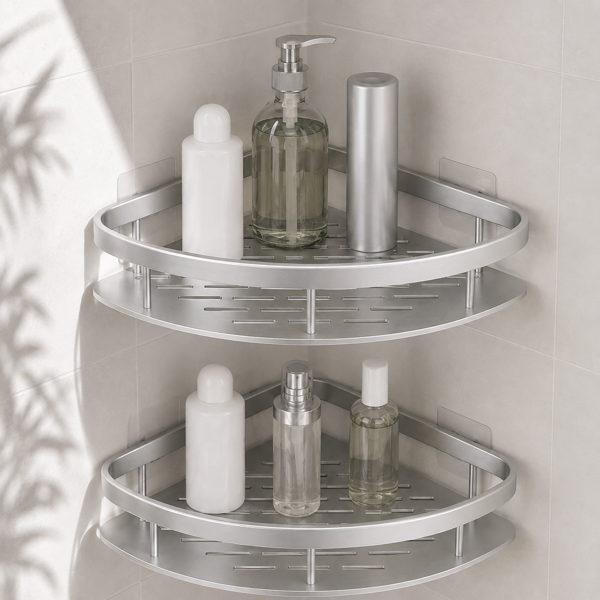 Two-tier corner shower caddy with slotted shelves and adhesive wall plates