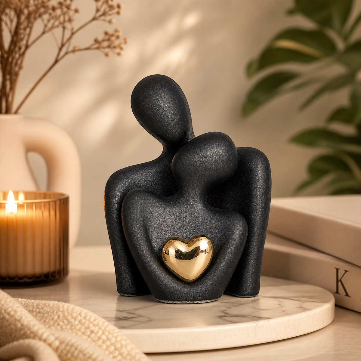Abstract ceramic couple sculpture with metallic heart detail