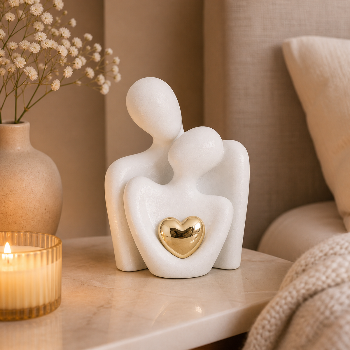 Abstract ceramic couple sculpture with metallic heart detail