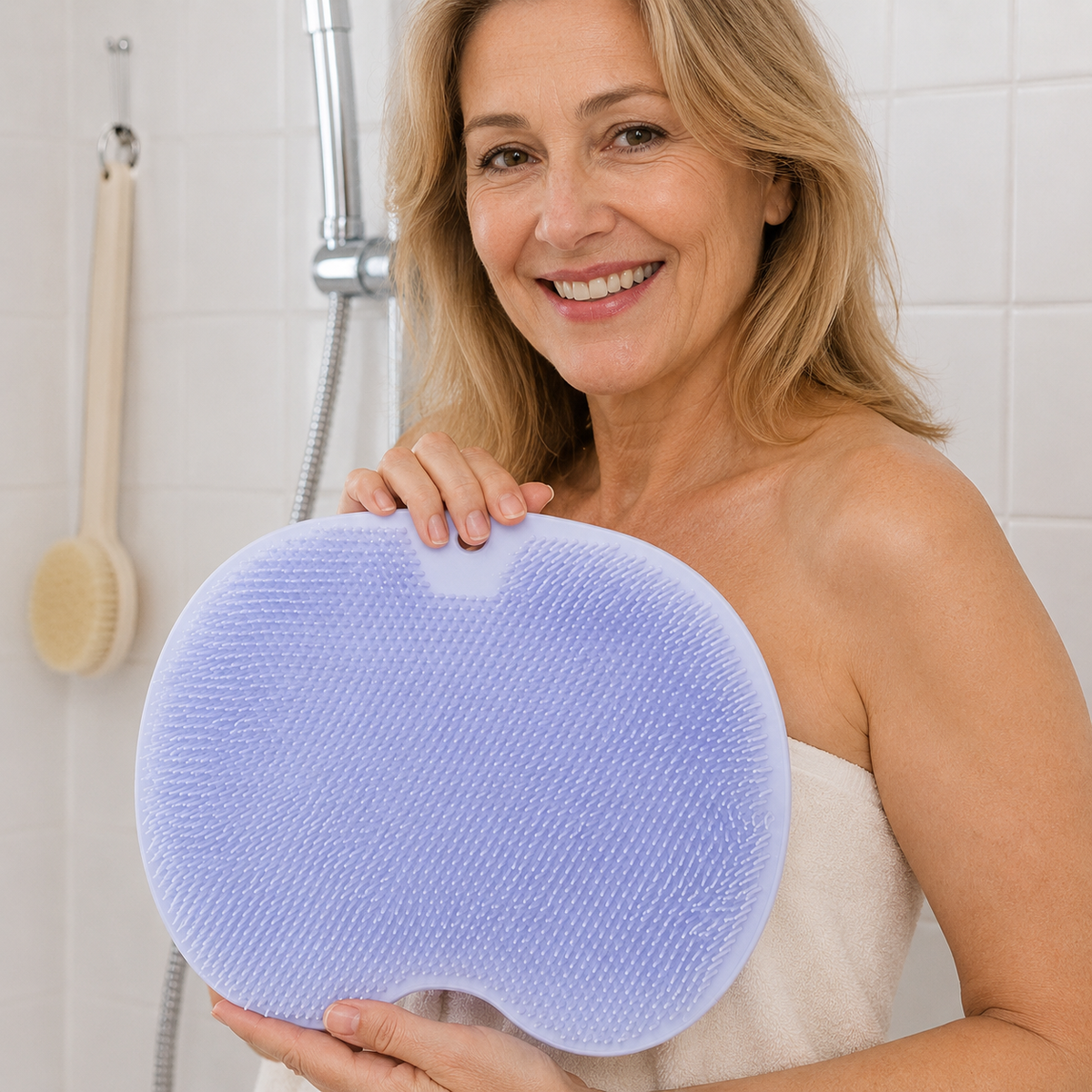 Textured handheld shower scrubber with dense bristles