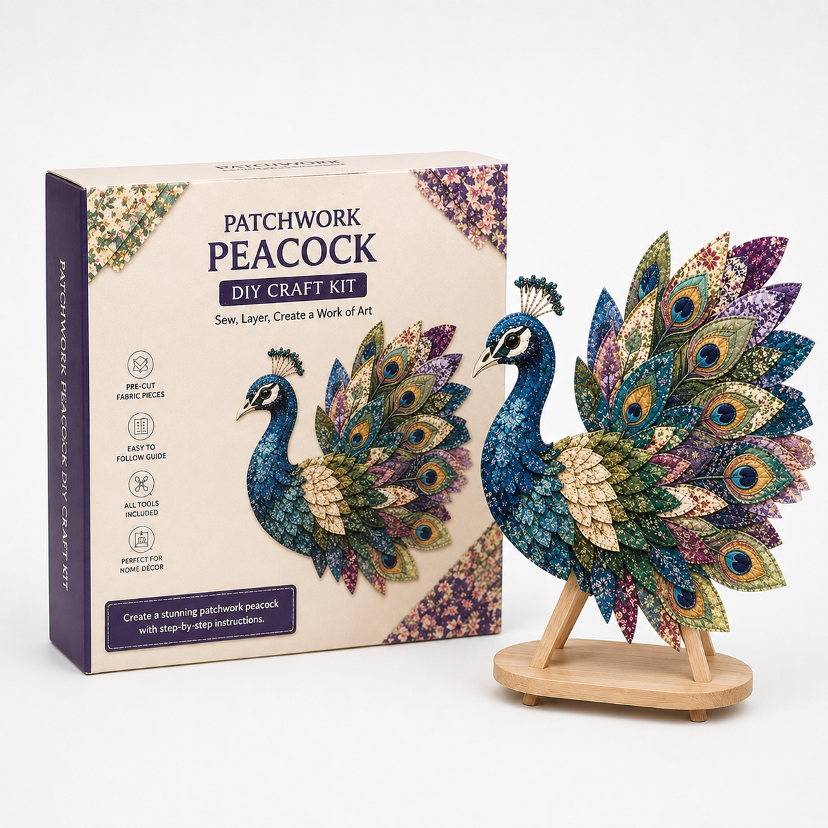 3D patchwork hummingbird craft kit with layered fabric bird and display stand