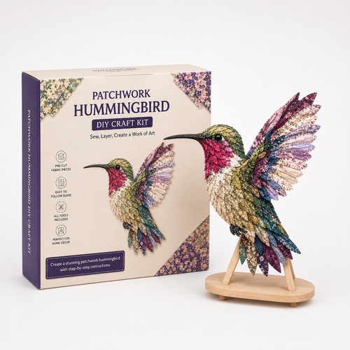 3D patchwork hummingbird craft kit with layered fabric bird and display stand