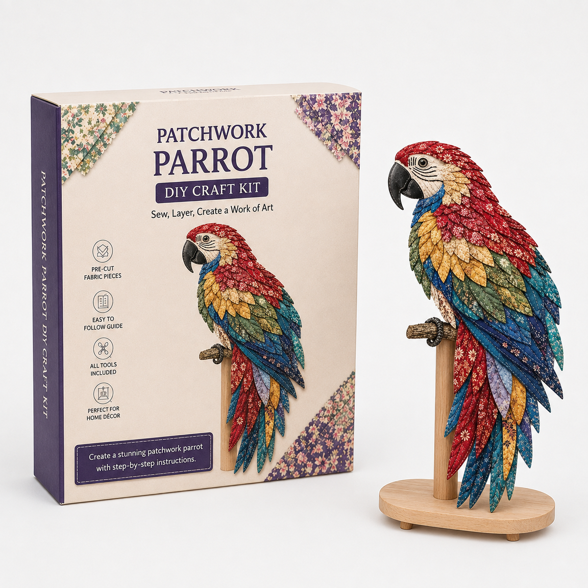3D patchwork hummingbird craft kit with layered fabric bird and display stand