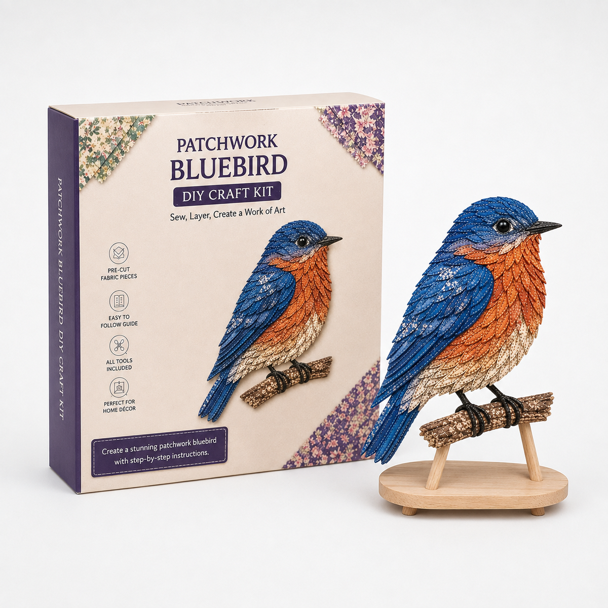 3D patchwork hummingbird craft kit with layered fabric bird and display stand