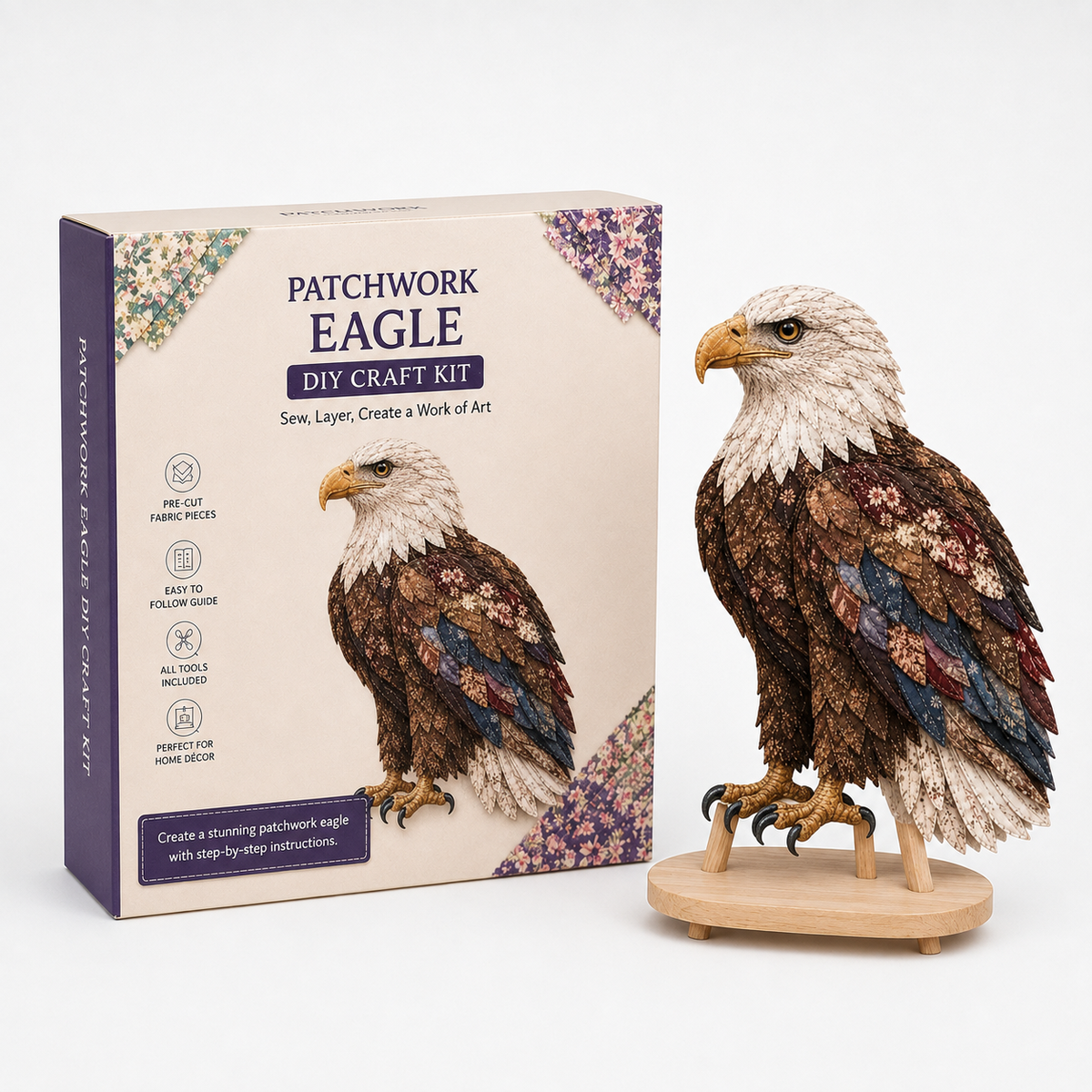 3D patchwork hummingbird craft kit with layered fabric bird and display stand