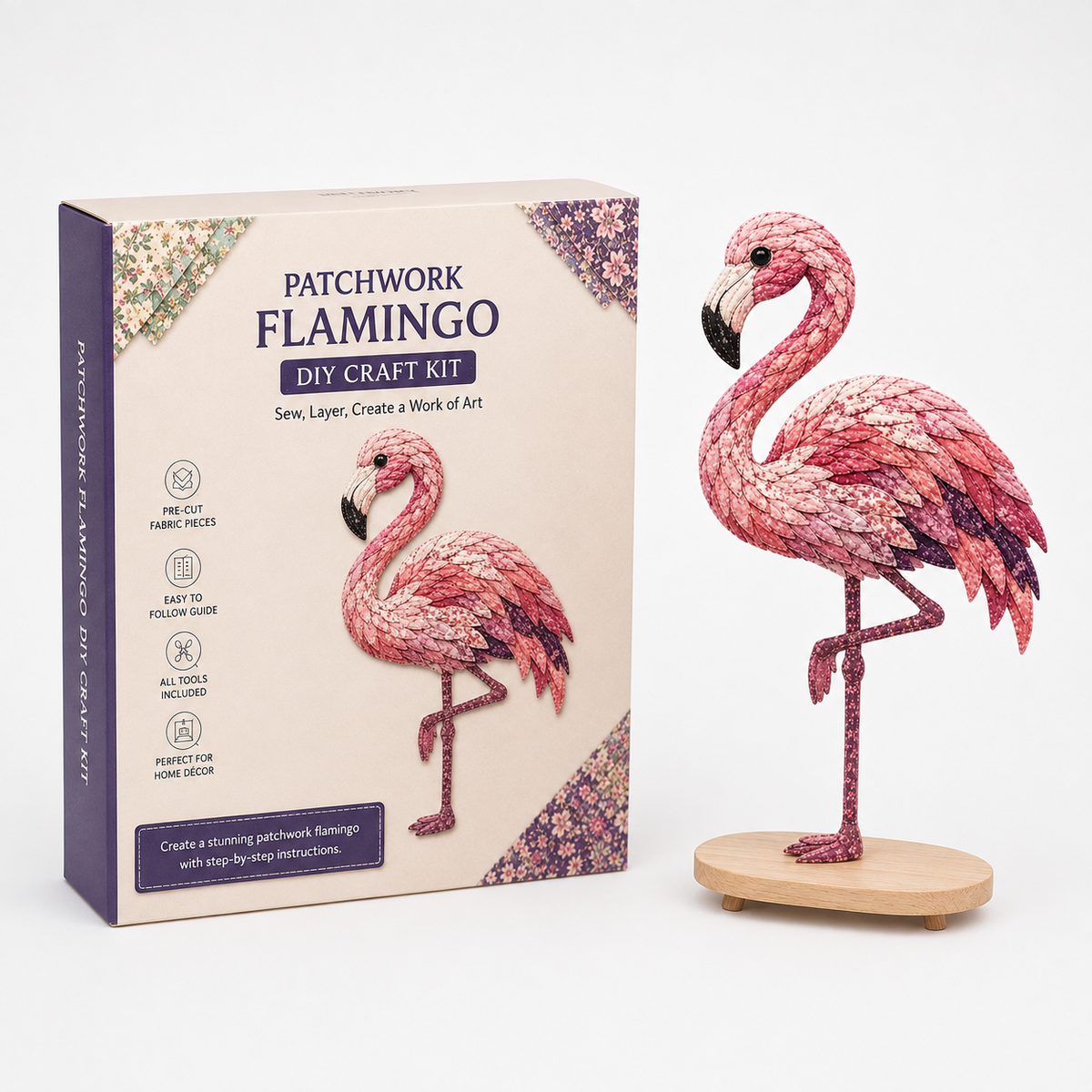 3D patchwork hummingbird craft kit with layered fabric bird and display stand