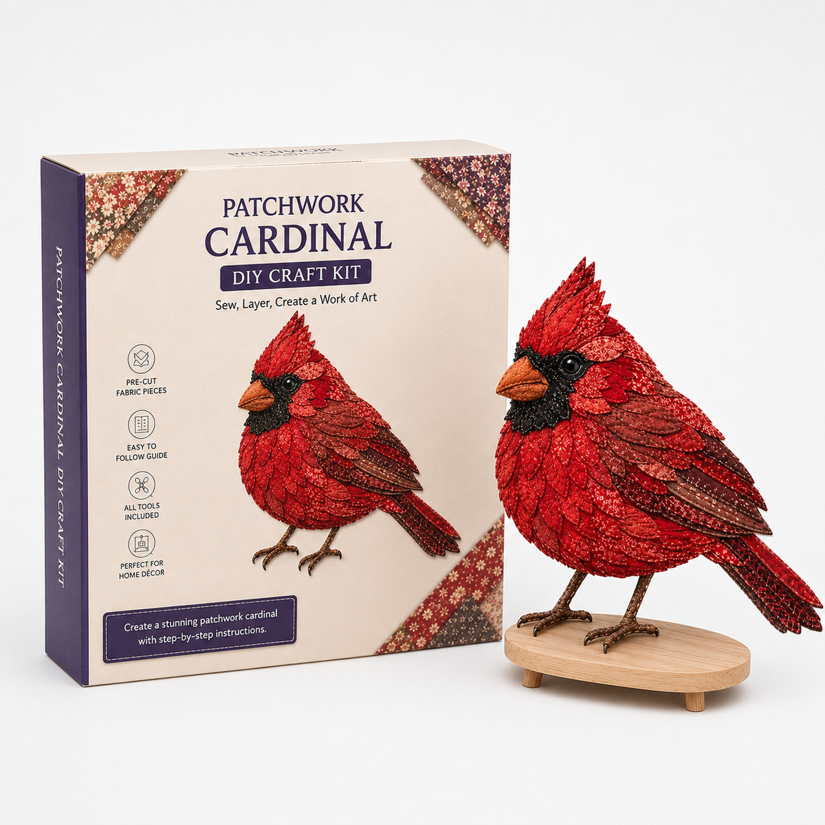 3D patchwork hummingbird craft kit with layered fabric bird and display stand