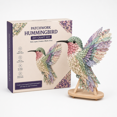3D patchwork hummingbird craft kit with layered fabric bird and display stand