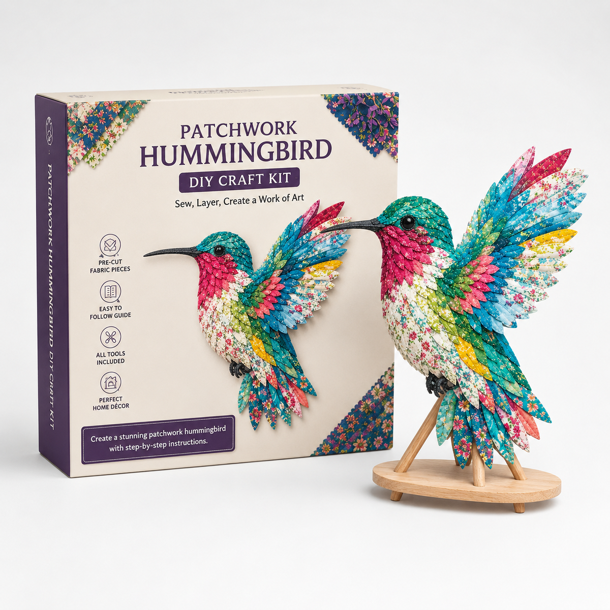 3D patchwork hummingbird craft kit with layered fabric bird and display stand
