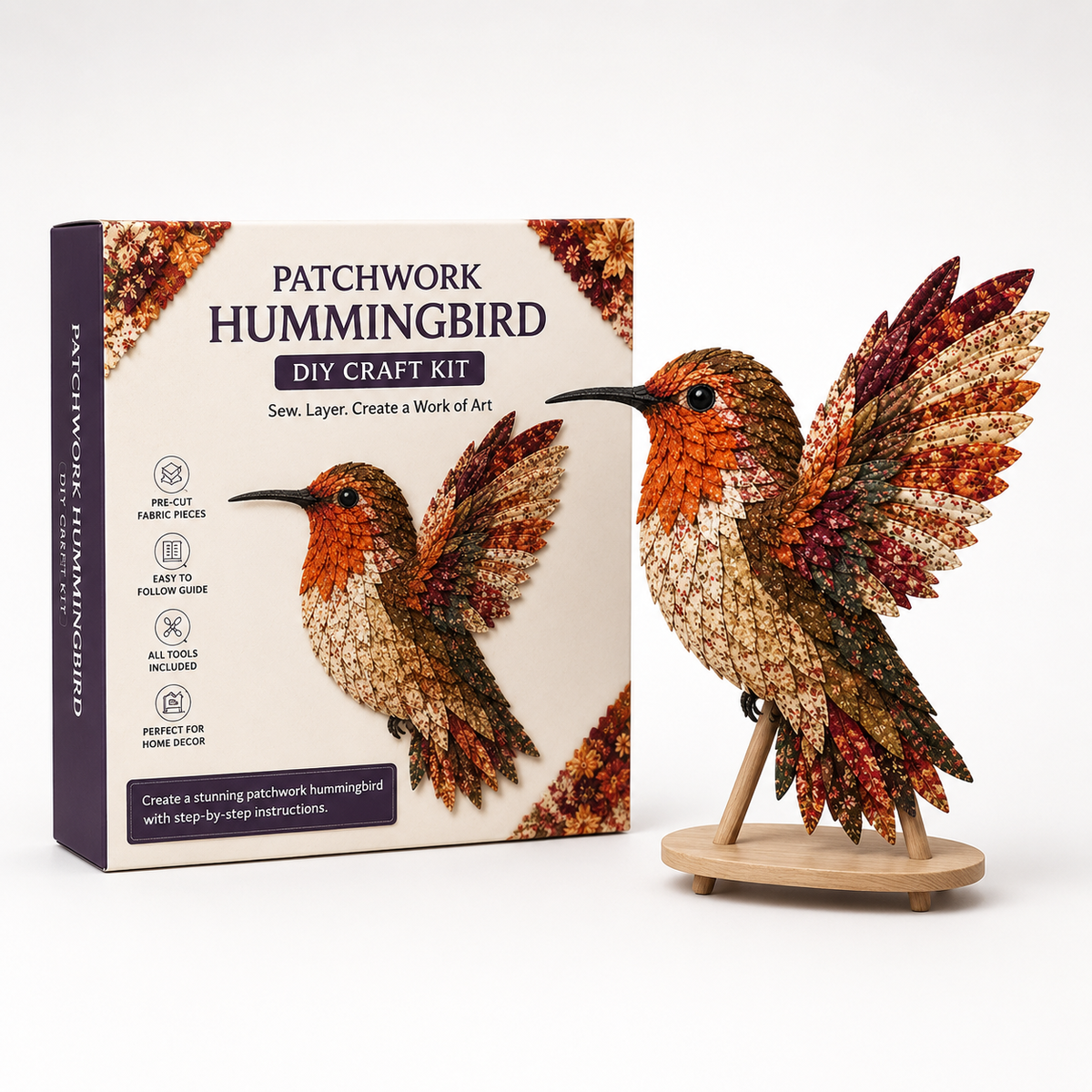 3D patchwork hummingbird craft kit with layered fabric bird and display stand