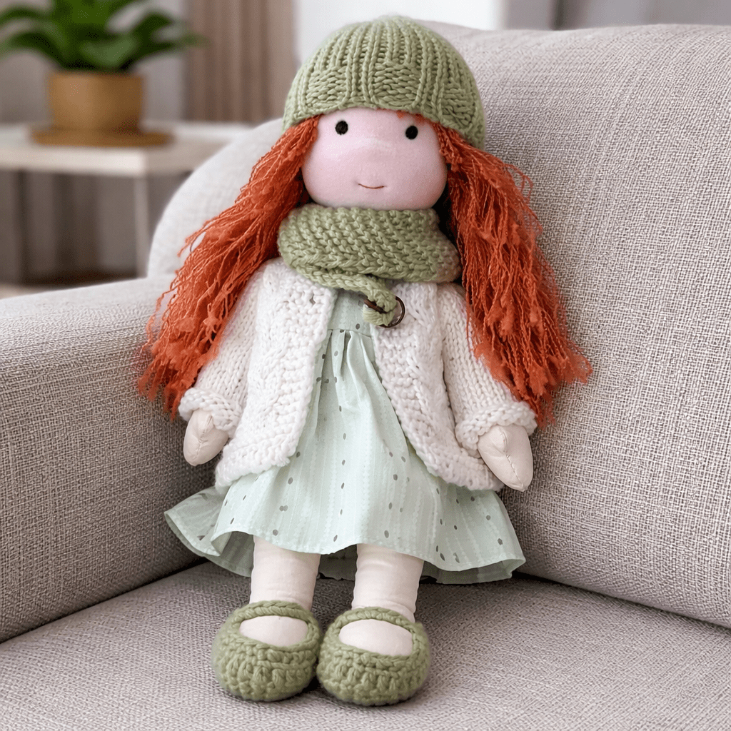 Handmade Waldorf doll wearing knitted clothing and a patterned dress