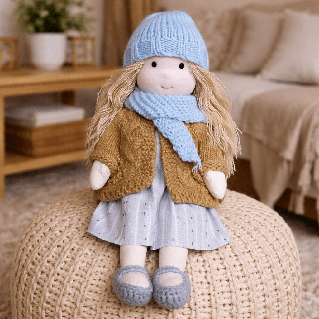Handmade Waldorf doll wearing knitted clothing and a patterned dress