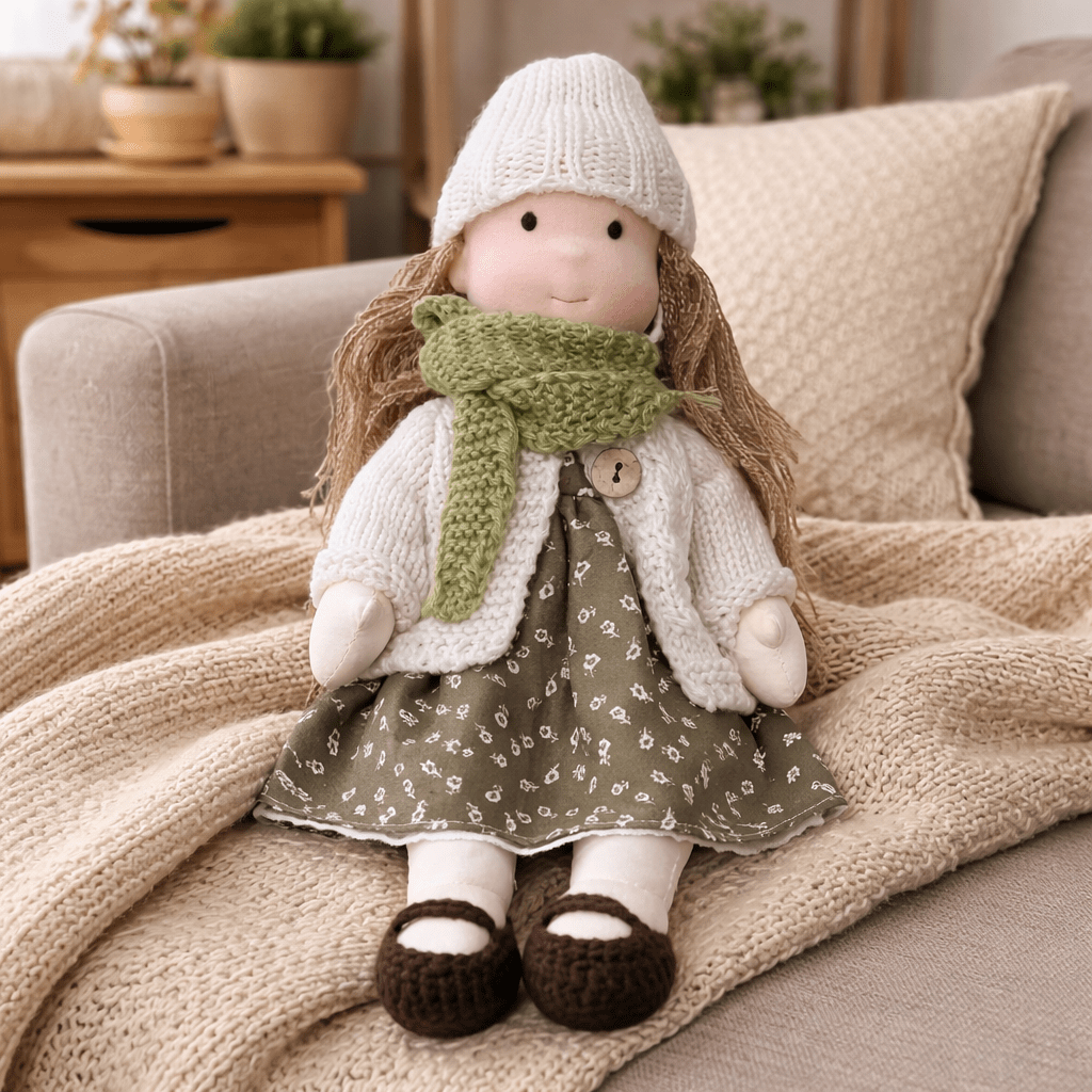 Handmade Waldorf doll wearing knitted clothing and a patterned dress