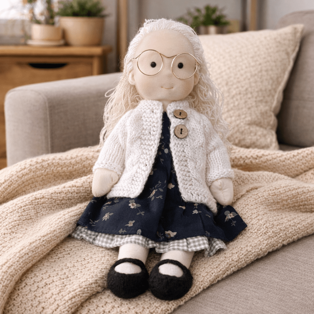Handmade Waldorf doll wearing knitted clothing and a patterned dress