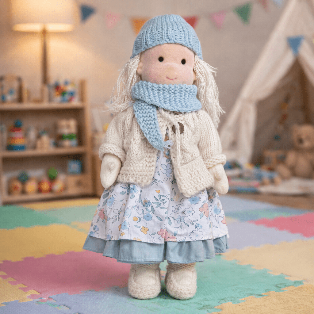 Handmade Waldorf doll wearing knitted clothing and a patterned dress