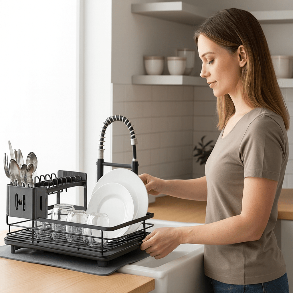 Double-layer foldable dish drying rack beside a kitchen sink