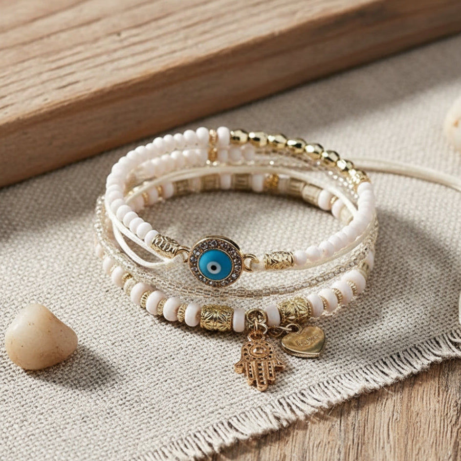 Stacked beaded charm bracelets with eye, hand and heart charms