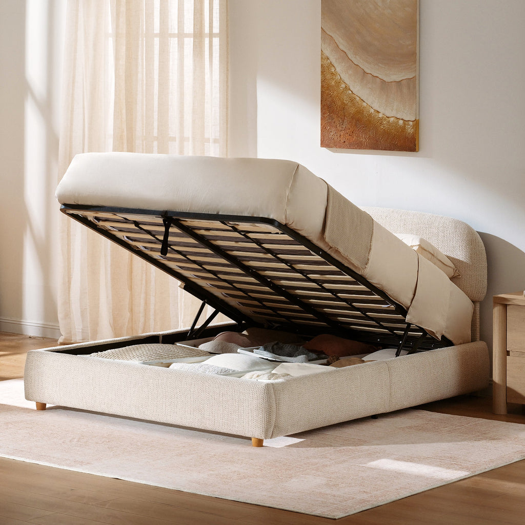 Beige queen lift-up storage bed frame with rounded upholstered headboard