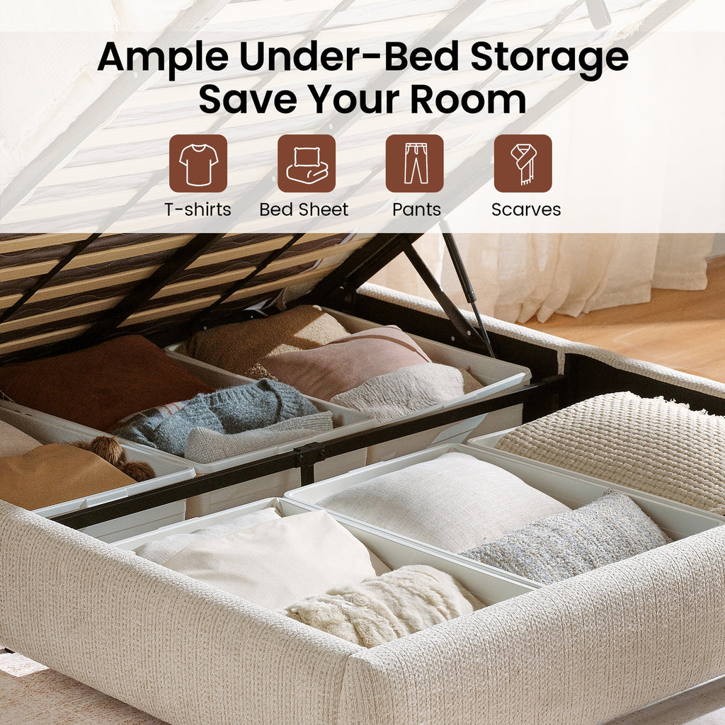 Beige upholstered king lift-up storage bed frame with rounded headboard