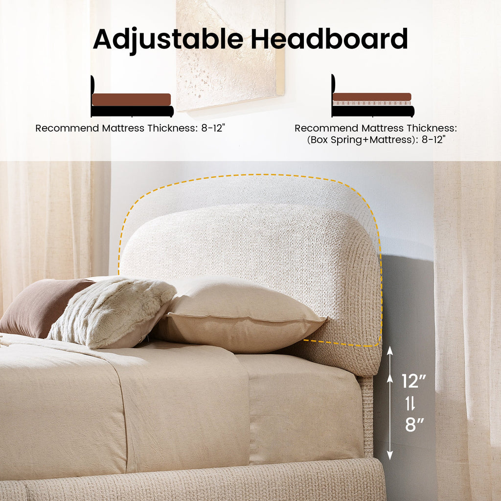 Beige upholstered king lift-up storage bed frame with rounded headboard