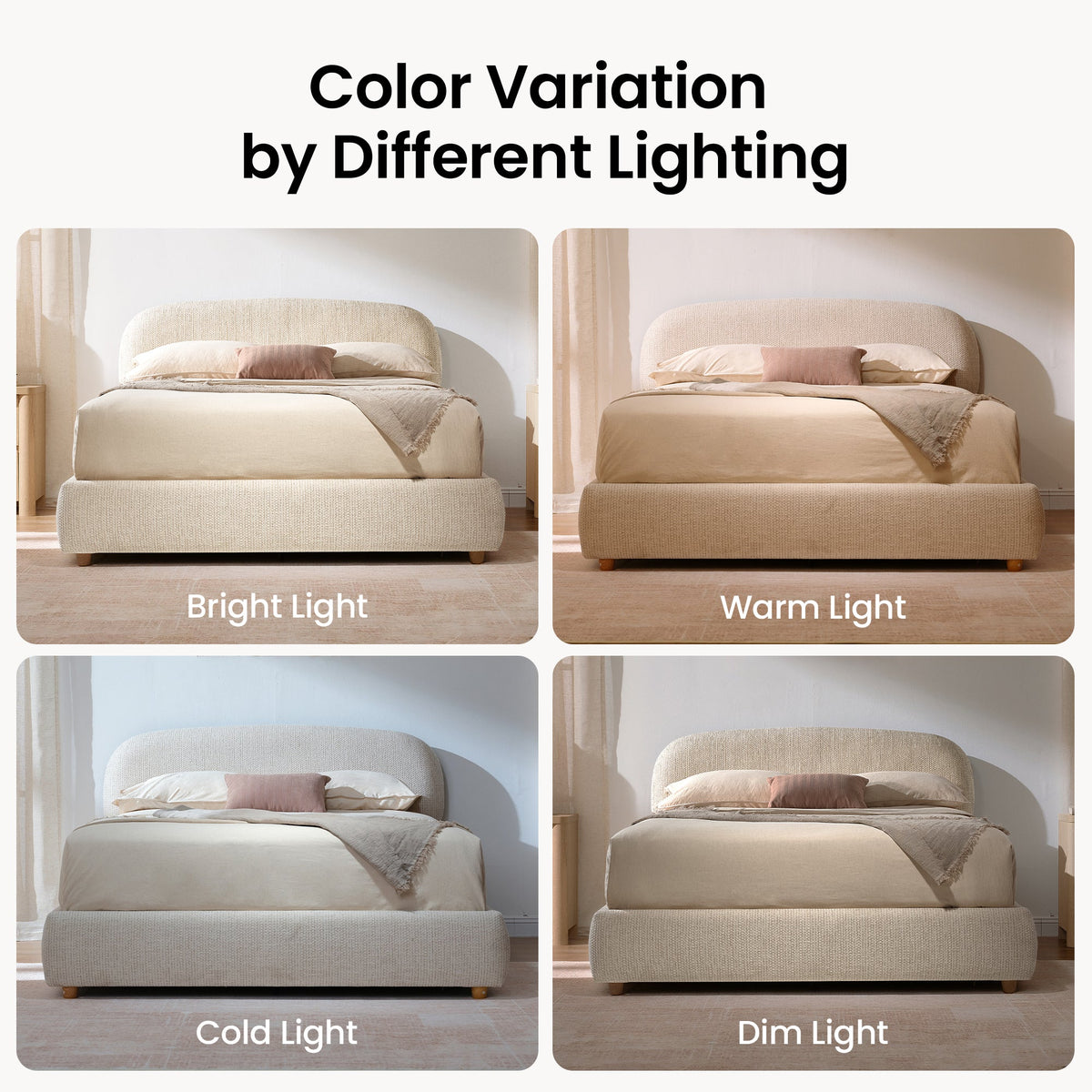 Beige upholstered king lift-up storage bed frame with rounded headboard