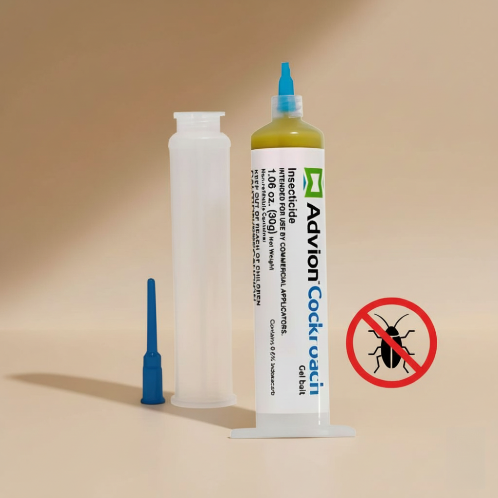 White cockroach control gel syringe with blue pointed nozzle and yellow gel