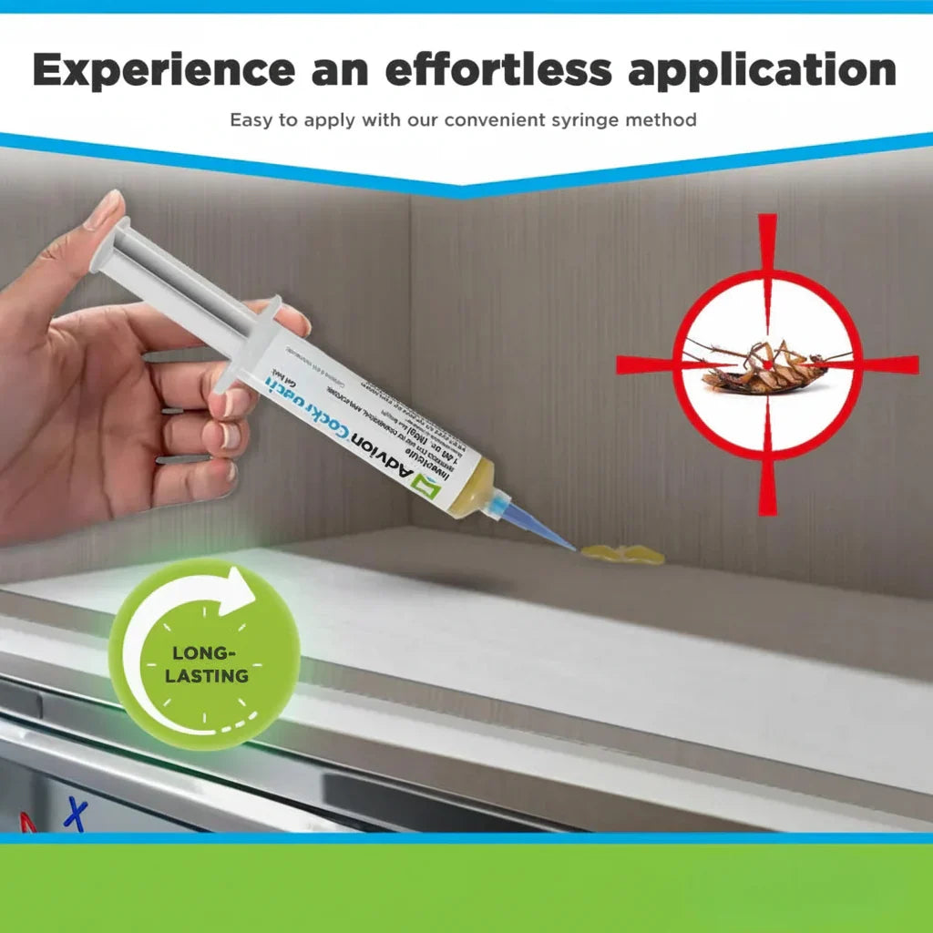 White cockroach gel bait syringe with blue precision nozzle