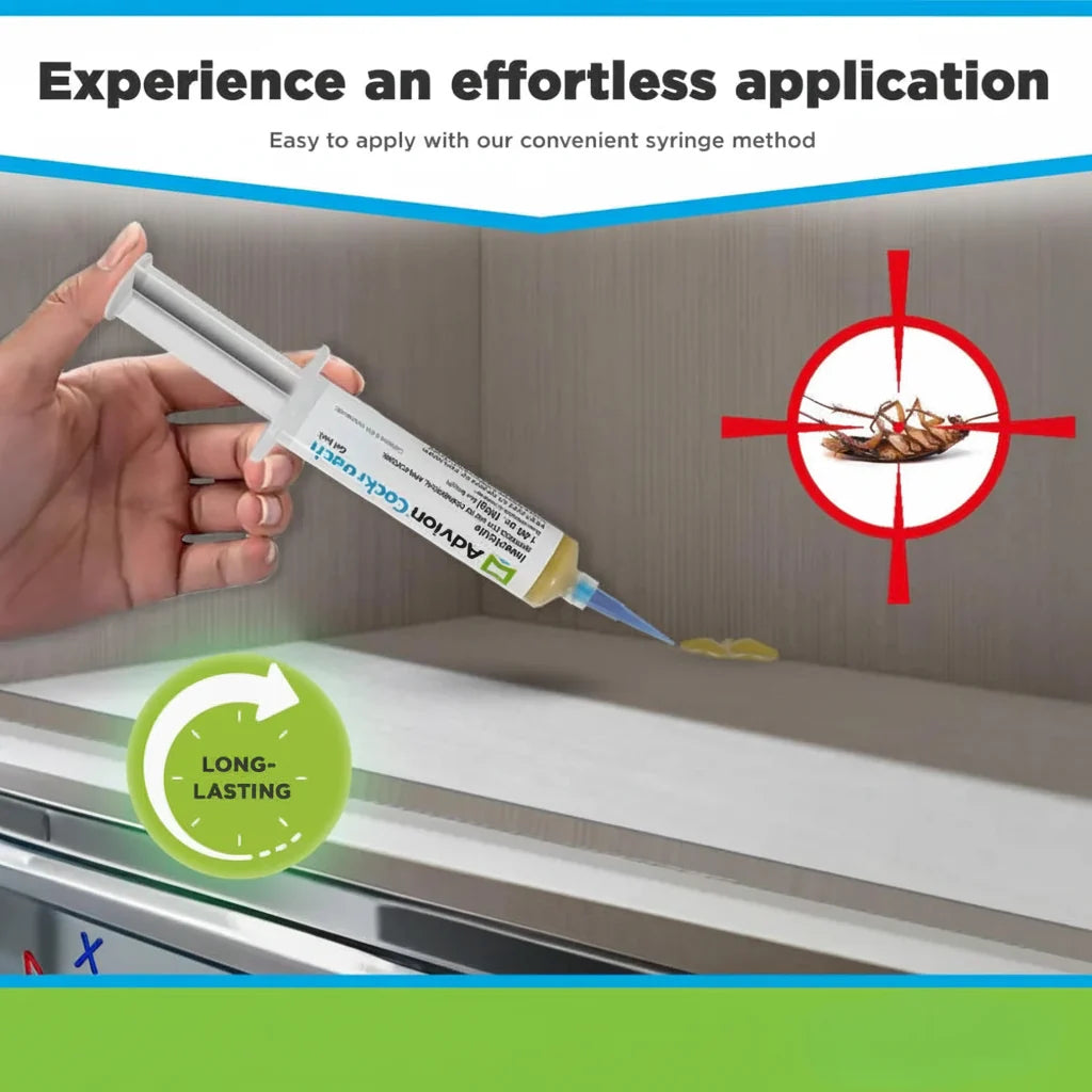 White cockroach control gel syringe with blue pointed nozzle and yellow gel