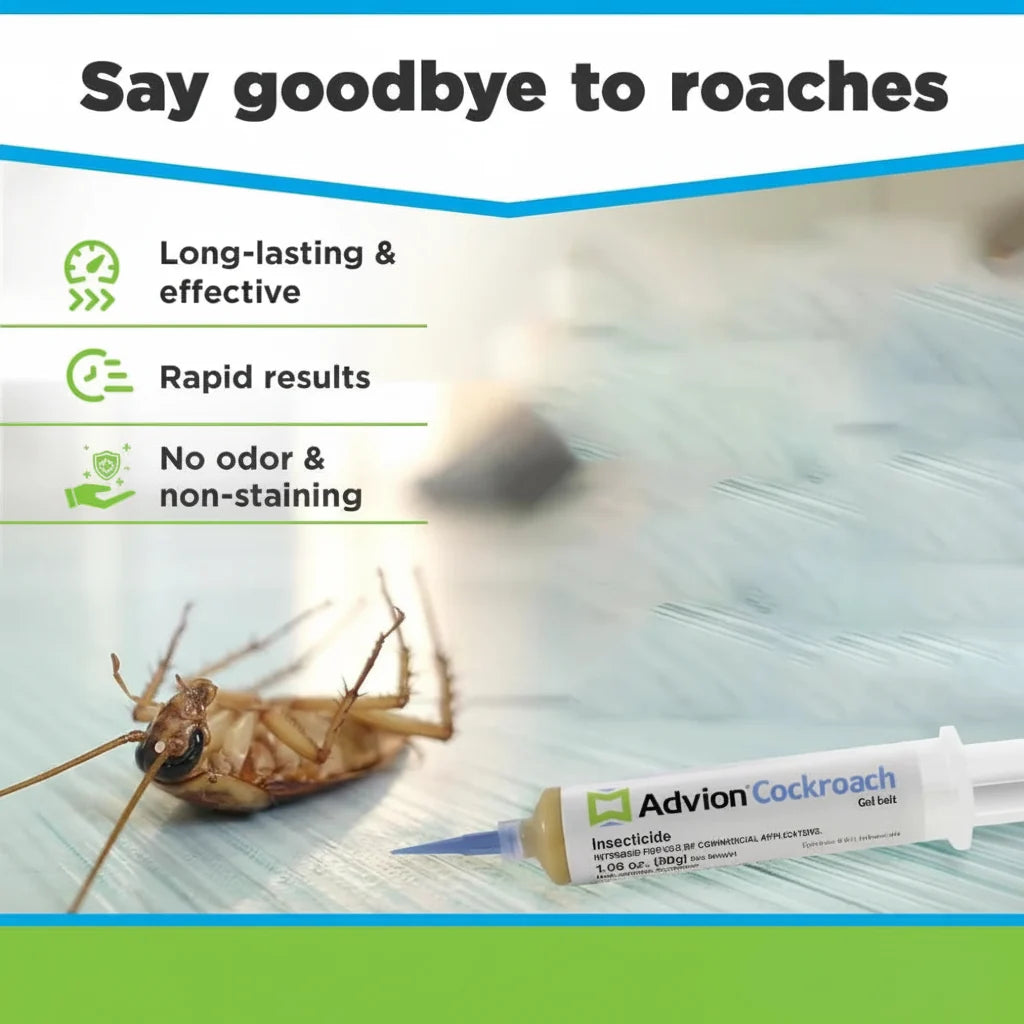 White cockroach control gel syringe with blue pointed nozzle and yellow gel