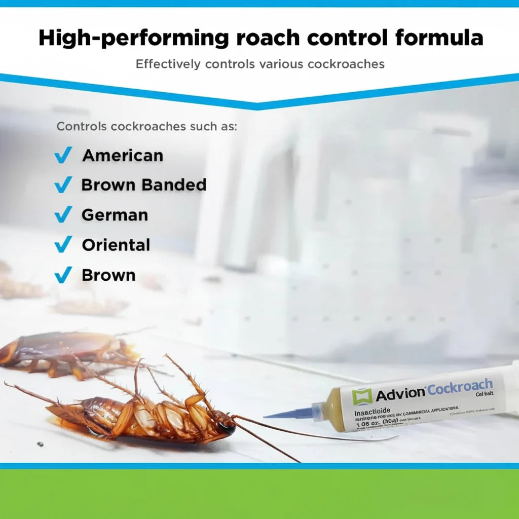 White cockroach control gel syringe with blue pointed nozzle and yellow gel