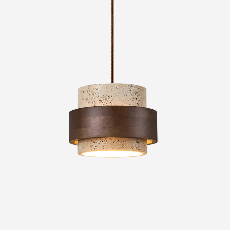 Layered pendant ceiling light with textured travertine-effect cylindrical shades