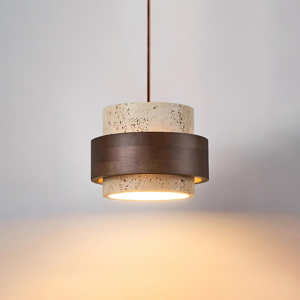 Layered pendant ceiling light with textured travertine-effect cylindrical shades